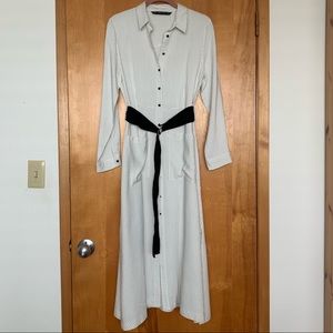 Zara White Pinstriped Midi Shirt Dress with Belt